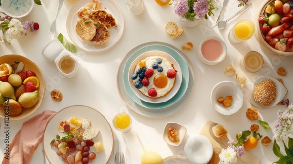 Fototapeta Aerial view of cozy breakfast table with colorful dishes and fresh fruits