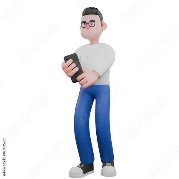 Fototapeta 3D Creative Cartoon Cameraman Artwork Design Style Model. A Male Cameraman stands with both hands holding a ring light, serious expression. Illustration