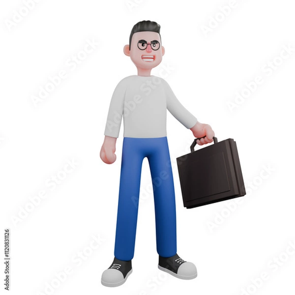 Fototapeta Cameraman Artwork in Creative 3D Cartoon Design Style.A male cameraman is standing next to a film camera with his left hand holding a film camera. Illustration