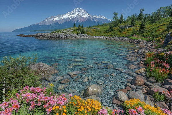Fototapeta Serene coastal cove with clear turquoise water, rocky shore, wildflowers, and majestic snow-capped mountain in the background under a sunny sky.