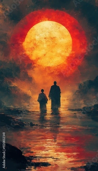Obraz Watercolor illustration of guru blessing disciple on Guru Purnima in sunset hues