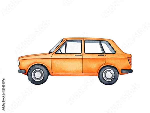 Obraz Watercolor illustration of a classic orange car with detailed features and elegant style on a white background