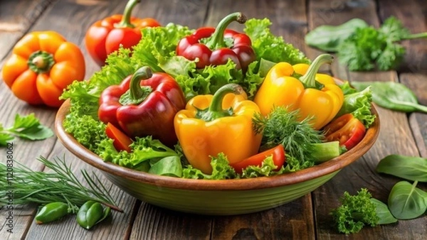 Fototapeta Fresh autumn green salad with large salad pepper and dill, fresh, autumn, green, salad, vegetables, pepper, dill, healthy