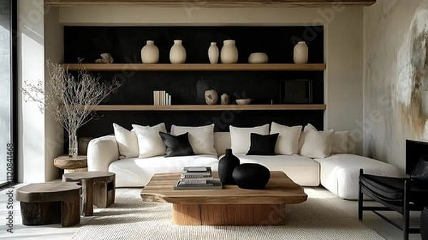 Fototapeta A minimalist farmhouse living room with open shelving displaying neutral vases and books, a clean-lined beige sofa, natural wood furniture, a soft woven rug, and sunlight creating gentle highlights,