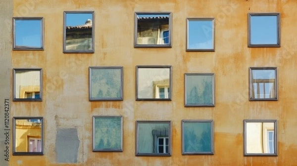 Obraz Modern facade featuring randomly arranged frameless square mirrors reflecting an urban environment on a renovated building exterior