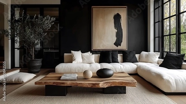 Fototapeta A modern farmhouse living room with a reclaimed wood coffee table, soft jute rugs layered for texture, sleek black-framed windows, neutral furniture with soft cushions,