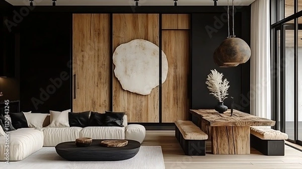 Fototapeta A modern open-plan living room featuring sliding barn doors with a distressed wood finish, industrial-style pendant lights hanging over a rustic dining table, neutral-toned furniture,