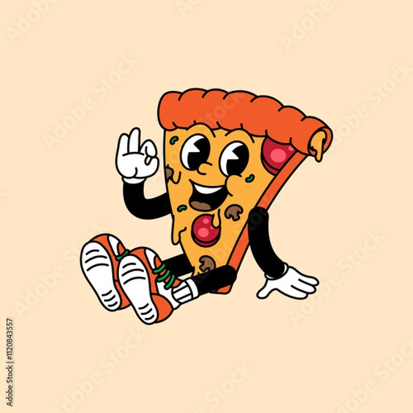 Fototapeta Pizza retro vintage mascot character clip art. Pizza Fast Food Retro vintage mascot character with gloved hand and foot. Walking, waving, standing, funny, cute.