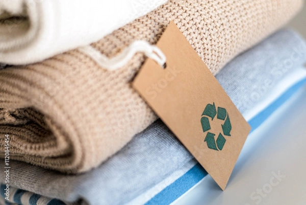 Obraz Knitted warm clothes neatly folded heap with craft tag recycling material circle arrow closeup
