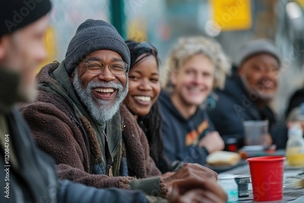 Obraz Diverse homeless individual sharing meal, warmth and connection