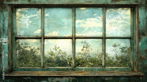 Fototapeta Vintage Green Window Frame with Scenic Nature View Through Weathered Glass