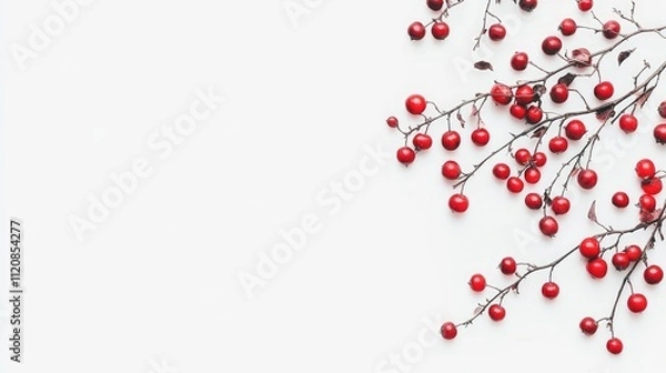 Fototapeta Wild red apple branches with berries arranged artistically on a clean white background for nature-themed compositions and designs.