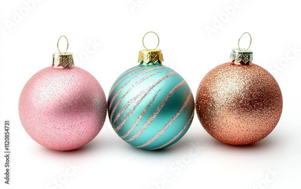 Fototapeta Vibrant Christmas ornaments in pink, teal, and copper with glitter. Perfect for festive decorations and adding cheerful touch to holiday celebrations, isolated design on white background
