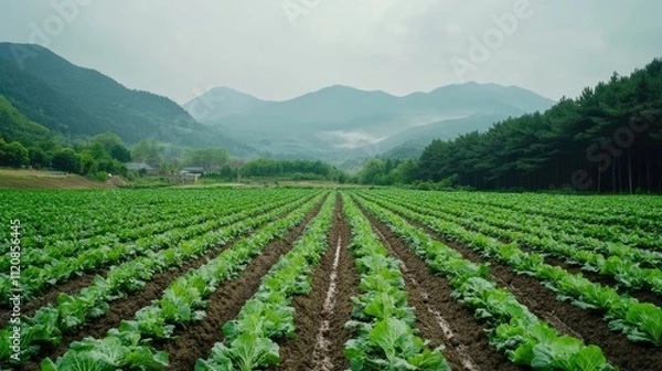 Fototapeta Fresh Korean cabbage growing in lush fields ideal for kimchi preparation with mountains in the background under a cloudy sky
