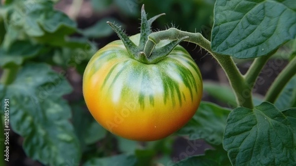Fototapeta Ripening heirloom tomato on vine in greenhouse surrounded by lush green foliage showcasing agricultural growth and cultivation techniques