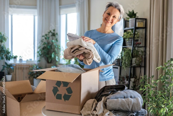 Obraz Gray haired mature smiling woman pack clothes for recycling to cardboard box at home