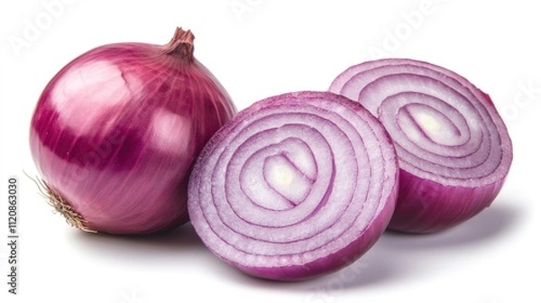 Fototapeta Halved red onion with intricate layers showcased against a clean white background for culinary and food photography purposes