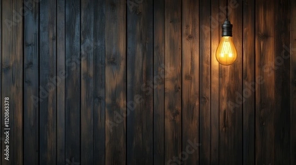 Fototapeta Vintage Edison bulb illuminating rustic wooden wall with ample copy space for creative design or advertising purposes.