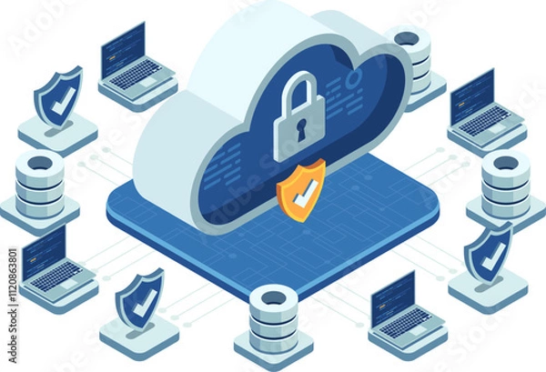 Fototapeta Isometric Cloud Security Concept with Data Protection Elements
