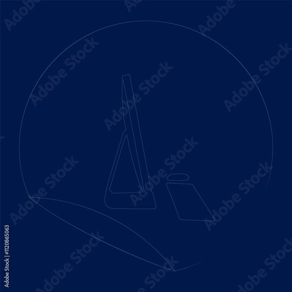 Fototapeta Desktop computer contour from blue lines. Icon sticker on blue background