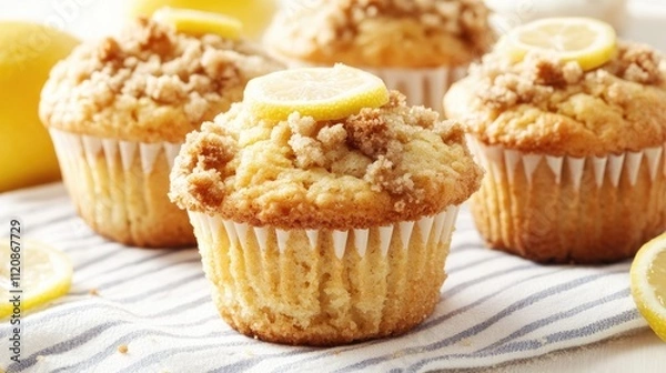 Fototapeta Freshly baked lemon muffins with crumb topping and lemon slices served on a striped cloth with whole lemons in the background.