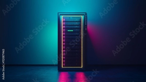 Fototapeta Dedicated Server Rack Standing Alone in a Dark Room for Tech Concept