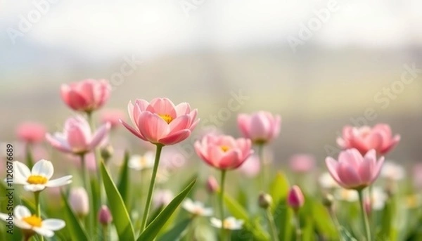 Fototapeta Pink flowers with blurred background focus on flowers