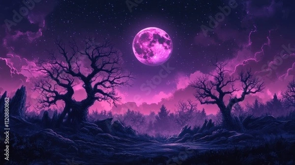 Fototapeta Pink moon above a dark forest, bare trees, starry night. Perfect for fantasy, Halloween, or mystical themes; evokes mystery and wonder.
