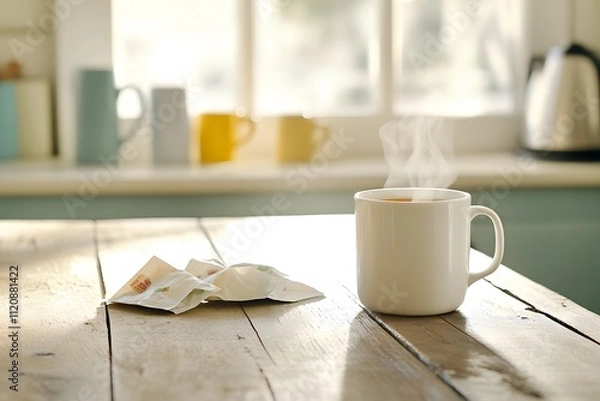 Obraz A steaming cup of tea sits on an old wooden table, surrounded by tea bags and coffee mugs in the kitchen with morning sunlight streaming through the windows. The background is blurred