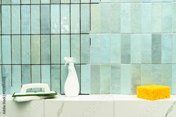 Obraz Applying epoxy grout and adhesive to ceramic tiles in a bright bathroom space.