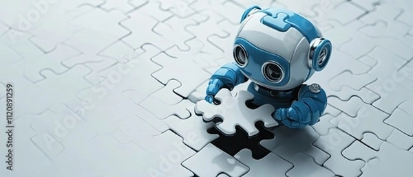Obraz Robot placing puzzle piece, problem-solving concept.