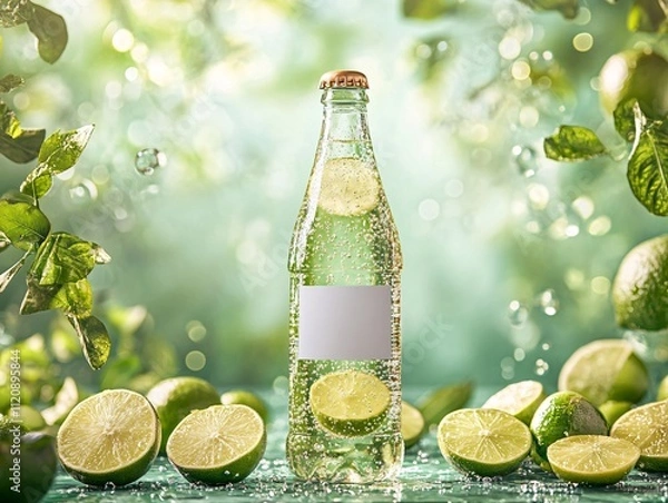 Fototapeta A sparkling beverage bottle surrounded by fresh lime slices and green leaves, creating a refreshing and vibrant atmosphere.