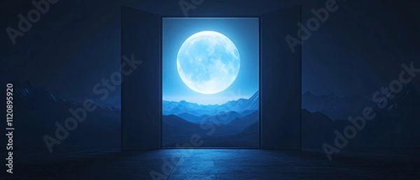 Obraz Open door revealing a large full moon over a mountain range at night.