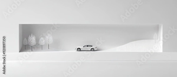Fototapeta Minimalist white car model in a snowy landscape scene.