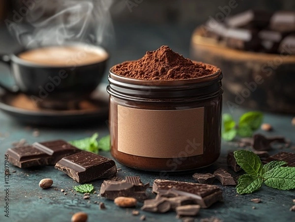 Fototapeta A jar of cocoa powder sits among chocolate pieces and a steaming cup, surrounded by fresh mint leaves, creating a warm and inviting scene.