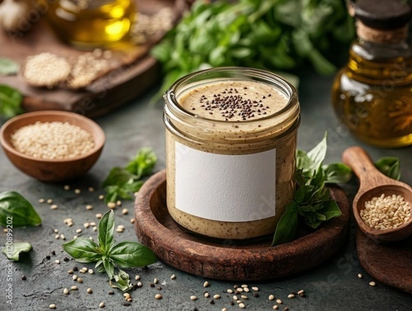 Fototapeta A jar of creamy sesame paste sits on a rustic wooden platter, surrounded by sesame seeds, herbs, and oil, evoking a fresh culinary atmosphere.