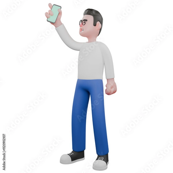 Fototapeta Professional Video Editing 3D Cartoon Model. A Male Video Editor Stands with one hand holding his cellphone up and the other hand clenched beside his body . Illustration Design