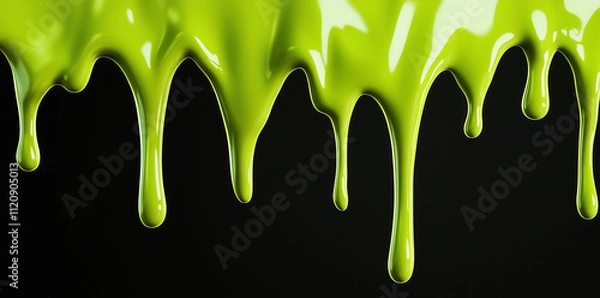 Fototapeta Green slime dripping down on a black background, green liquid flowing down, melting and dripping