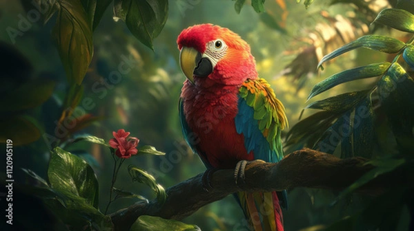 Fototapeta vibrant parrot perched on branch surrounded by lush greenery
