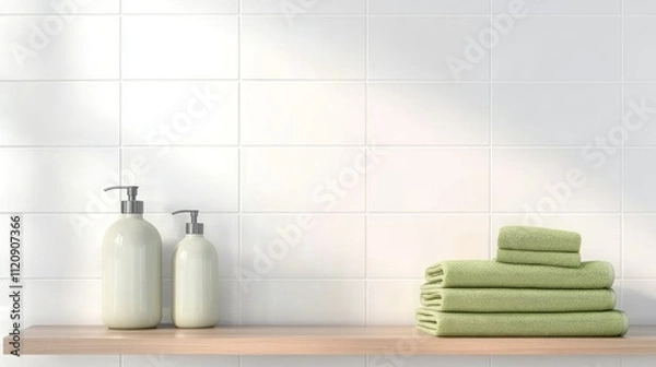 Fototapeta A minimalist bathroom scene featuring neatly stacked green towels and elegant soap dispensers on a wooden shelf against a white tiled wall.