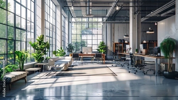 Obraz modern office interior with glass walls and open workspace design.