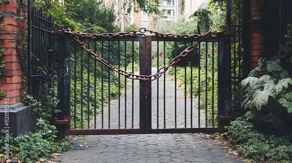 Fototapeta Closed factory gate with chain and padlock, symbolizing the end of an era and the transition to new beginnings. Industrial decline and the shift towards modernization and renewal.