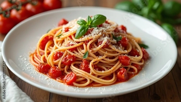 Fototapeta Delicious Spaghetti al Pomodoro, Homemade Italian Pasta with Cherry Tomatoes, Basil, and Parmesan