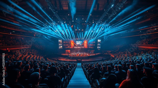 Fototapeta pro gamer man in headphones live streaming while playing online computer game, neon lights, esports, gaming, monitor, play, young, player, internet, enjoyment, cyber, e sport.