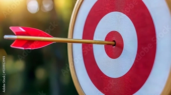 Fototapeta Digital marketing with search and SEO concept. Success through bullseye and target concept. Arrow hitting a target in an outdoor setting.