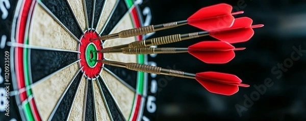 Fototapeta Digital marketing with search and SEO concept. Success through bullseye and target concept. Darts hitting the bullseye on a dartboard.