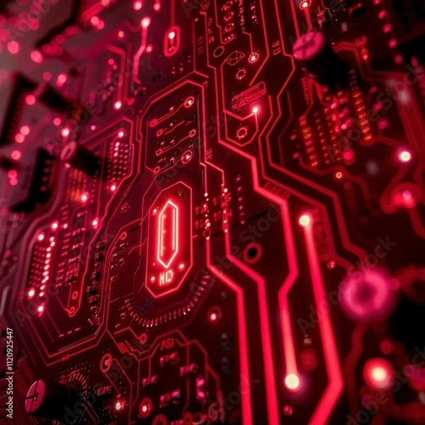Fototapeta Red Illuminated Circuit Board Technology Electronics Network Data Innovation Closeup