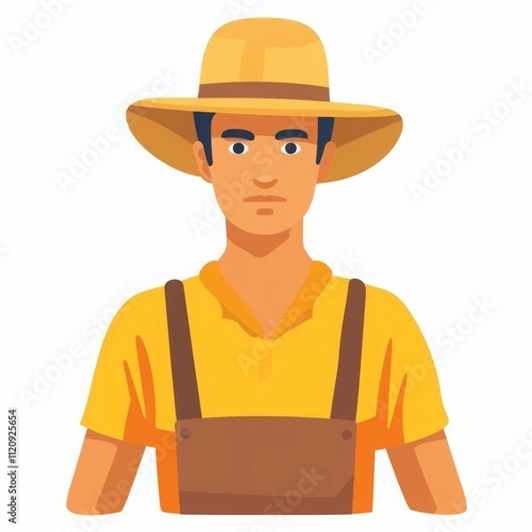 Fototapeta A cartoon-style farmer wearing a straw hat and overalls.
