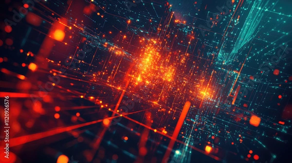 Fototapeta A modern world map composed of geometric shapes and illuminated lines, emphasizing the theme of digital innovation 