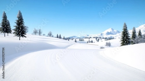 Fototapeta Snowy landscape with a winding path and evergreen trees.